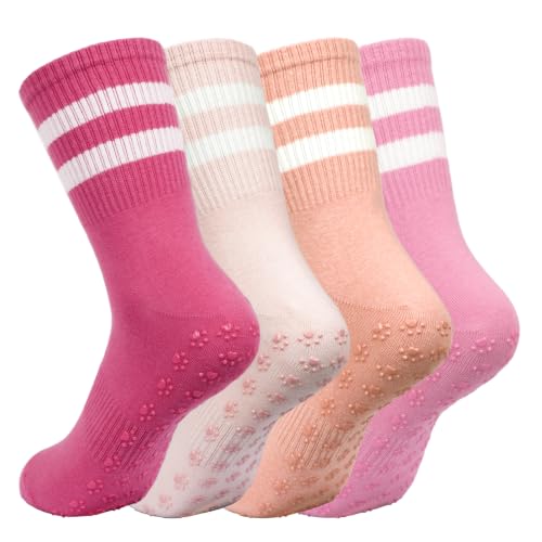 Non-Slip Pilates Socks with Grip - 4 Pairs, Stripe Colors