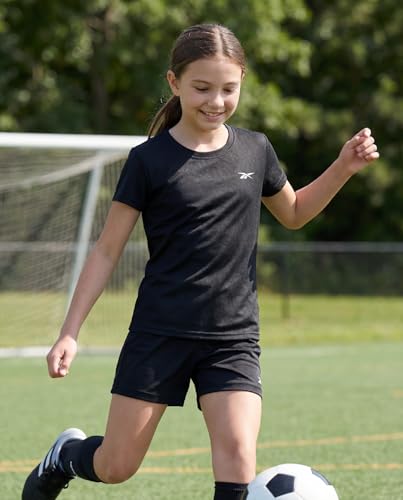 Reebok Girls' Mesh T Shirt 4 Pack - Athletic Tops for Kids & Teens, Solid Black, Plum, Orchid, White