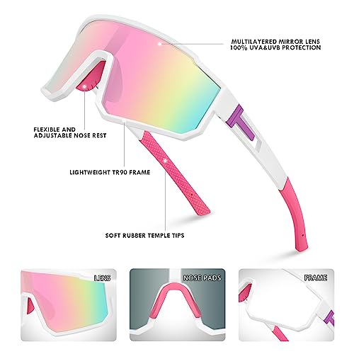 Youth Baseball Sunglasses with TR90 Frame - White Frame Pink Lenses