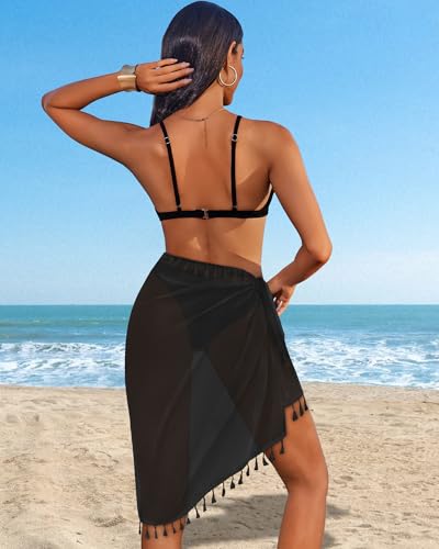 Women’s Black Beach Sarong Wrap with Tassels - Swimsuit Cover Up
