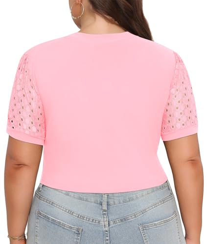 Plus Size Crop Top - Summer Lace Short Sleeve Athletic Tee - Light Pink / 1X
