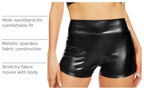 Vinaderhom Women's Metallic Booty Shorts, High-Waisted Shiny Rave Bottoms – Black, Medium