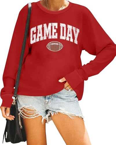 Game Day Sweatshirt for Women - Cute Football Graphic Pullover - Red - X-Large