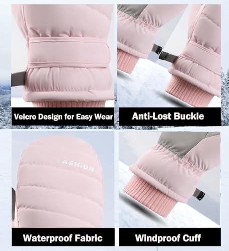 Women's Waterproof Winter Ski Mittens - Touchscreen Snow Gloves - Pink