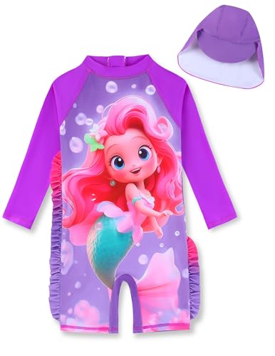 Girls 5-6 Years Purple Ariel Long Sleeve Rashguard Set UV Swimwear UPF 50+ Bathing Suit
