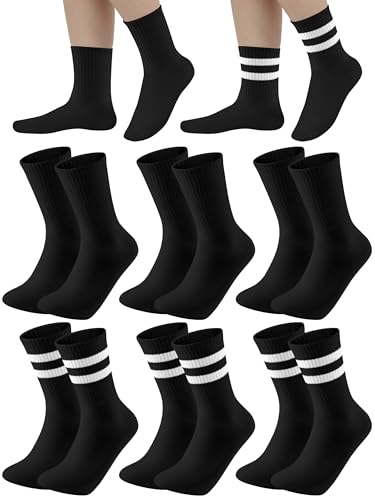 Kids Athletic Crew Socks - 6 Pairs Unisex Soft Cotton Black Stripe (6-8 Years)