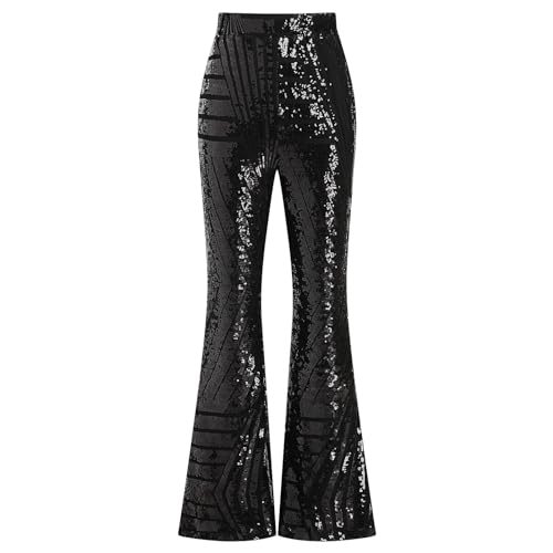ODIZLI Women's Black High-Waisted Sparkle Sequin Flare Pants Large