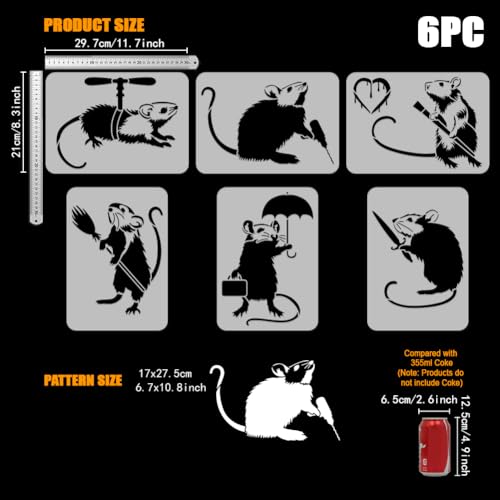 FINGERINSPIRE 6PCS Banksy Rat Painting Stencil, 8.3x11.7 Inch Reusable Mouse Pattern Templates for DIY Crafts on Wood, Wall, Canvas, Fabric & Furniture - Banksy Love Rat Theme