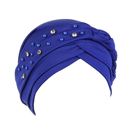 Women's Beaded Pre-Tied Turban Hat - Soft Silky Chemo Beanie - Blue