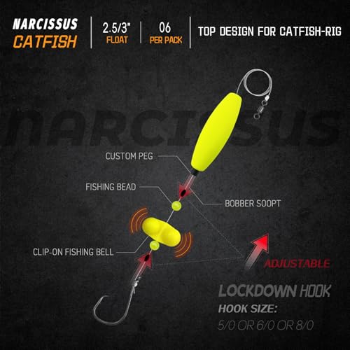 Narcissus Catfish Rigs Set 6/0 Hook, 2 oz Pyramid Sinkers, Float & Rattle