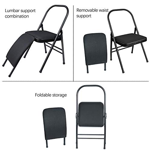 Yoga Auxiliary Chair with Lumbar Support - Black, Foldable with Resistance Band