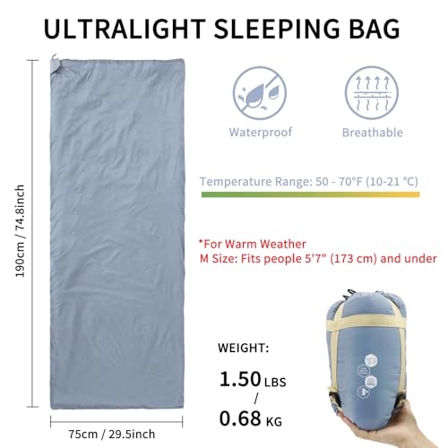 NewDoar Ultralight Sleeping Bag for Warm Weather - Blue, Medium Fit (5'7" & Under), 50-70°F