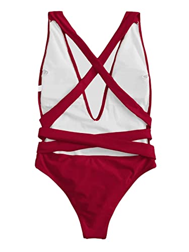 Lilosy Red Medium One-Piece Sexy Swimsuit for Women - Plunge Bathing Suit