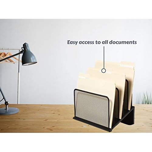 1InTheOffice Metal Mesh File Organizer, Black Wire Mesh 5 Section Incline Sorter, Black Finish