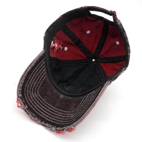 YeeHeen Red Distressed Washed Denim Baseball Cap - One Size Strapback