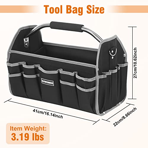 16 Inch Tool Bag, Electrician Tool Bag, Open Top Tool Bags, 26 Pockets Can Hold Many Tools, Steel Handle and Removable Shoulder Strap