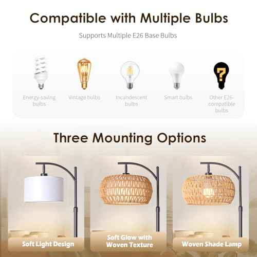 DRAWNCAT Boho Rattan Floor Lamp with Shade - 12W Bright LED Bulb, Adjustable Height 48-60 Inch, Remote Control 3 Color Temperatures,Farmhouse Handwoven Arc Standing Light for Living Room Bedroom