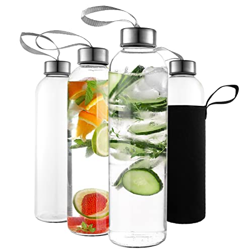 24oz Glass Water Bottles Set of 4 with Nylon Protective Sleeves - Leakproof & Eco-Friendly