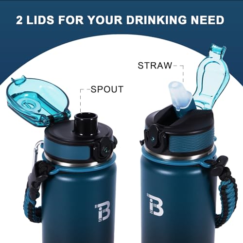32oz Insulated Water Bottle with Straw & Spout Lids - Blue Black - Double Wall Stainless Steel for Gym Outdoor
