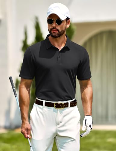 Cotrasen Men's Short Sleeve Cotton Pique Golf Polo Shirt - Medium Black