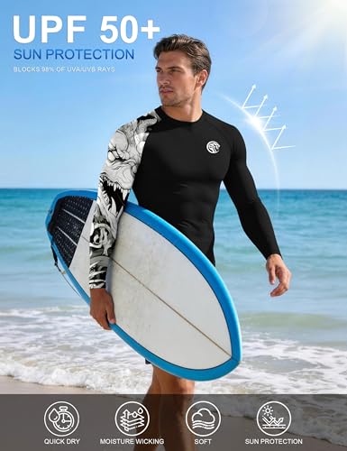 Roadbox Men's UPF 50+ BJJ Rash Guard - Long Sleeve Compression MMA Top, Black-White Dragon, Large