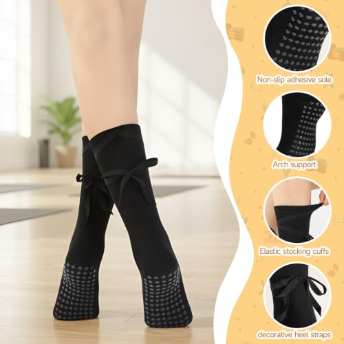Non-Slip Pilates Socks with Cross Straps for Women - White & Black, 2 Pack