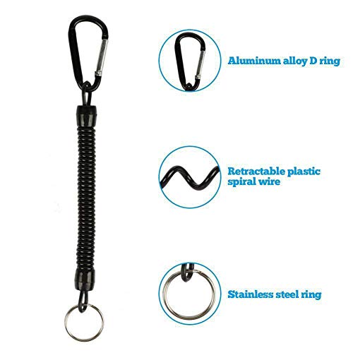 Retractable Coil Cord Keychain with Carabiner - Pack of 2 Black