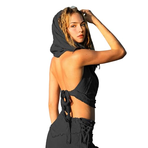 CosInStyle Women's Black Crop Tank Top - Halter, Open Back, Cross Wrap, One Size, Cotton Cover Up