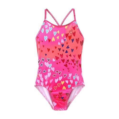 Girls Sparkle One Piece Swimsuit - Crossback, Adjustable Strap, 7-8 Years / Pink Heart