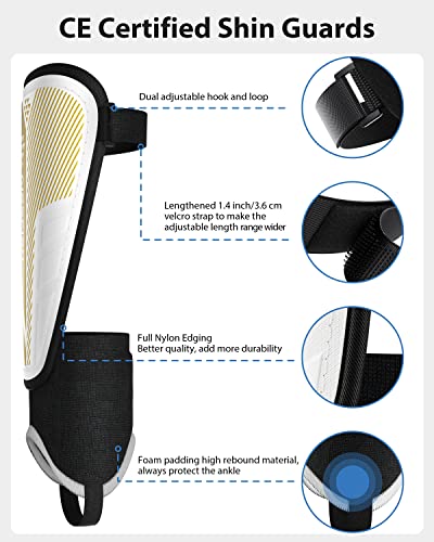 AirsFish Kids Soccer Shin Guards White+Gold Small CE Certified Protective Gear