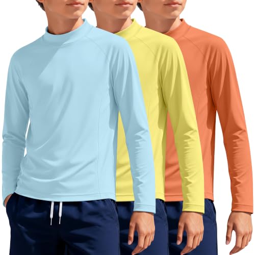 Boys' Long Sleeve Rash Guard Swim Shirts - 3 Pack, Ages 5-6, Orange, Light Yellow, Light Blue