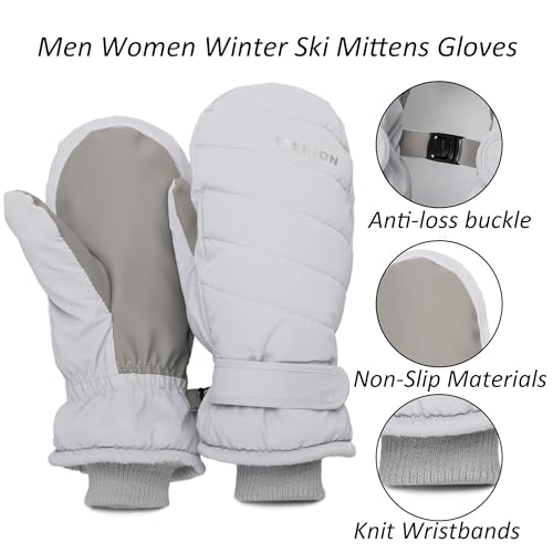 Winter Ski Mittens - Waterproof Windproof Snow Gloves - Light Gray
