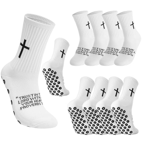 White 3:5 / 4 Christian Bible Verse Cross Print Socks - 4 Pairs, Anti-Slip Grip
