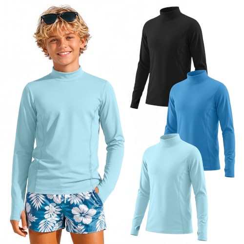 JoyMotion 3-Pack Boys Long Sleeve Rash Guard Swim Shirts - Black, Royal Blue, Light Blue, 5-6 Years