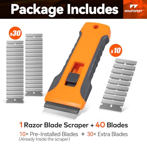 WRAPXPERT Razor Blade Scraper with 30pcs Extra Blades, Razor Scraper Tool for Glass, Window Scraper, Glass Scraper, Blade Razor Retractable for Removing Glue, Paint, Stickers, Labels