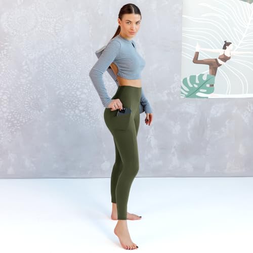 Walifrey Full Length Green Leggings with Pockets for Women - XL