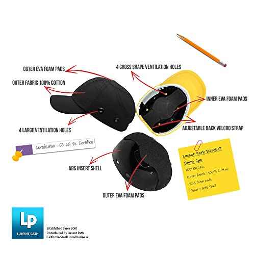 Black Baseball Safety Bump Cap - 100% Cotton, Impact-Resistant ABS Shell, Dual-Layer Padded Foam, Breathable, Adjustable Head Protection Hard Hat Cap