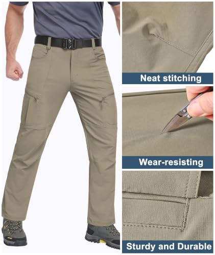 Buyboxs Men's Waterproof Cargo Hiking Pants 32W x 30L Khaki - Lightweight, Quick Dry Outdoor Travel Pants with 6 Pockets