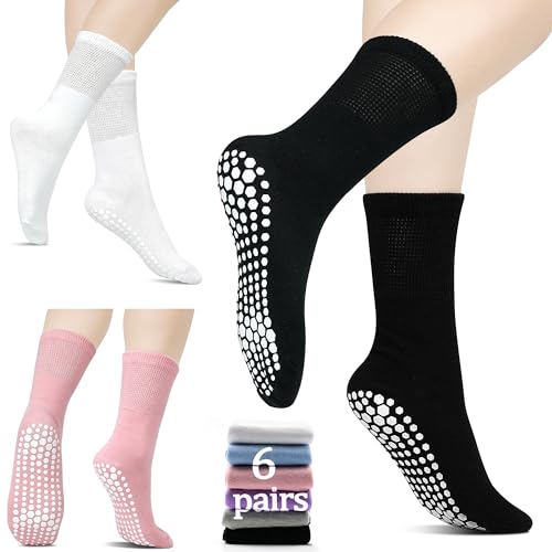 Non-Slip Pilates Grip Socks for Women - 6 Pack (2 Black, 2 White, 2 Light Grey)