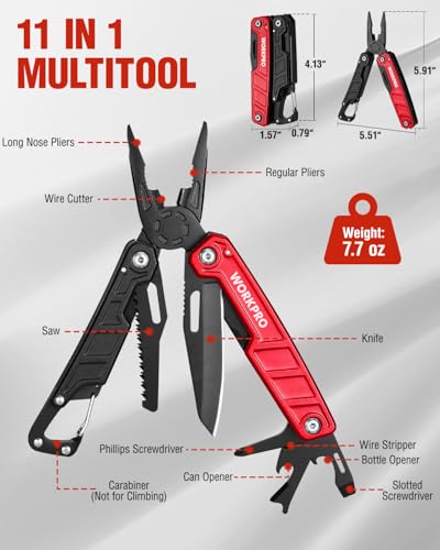 WORKPRO 11-in-1 Multitool Pliers with Red Pocket Clip & Sheath