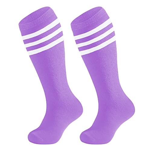 Kids Knee High Athletic Socks - Striped Sports Tube Socks - Purple White