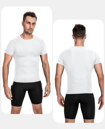 Men's Compression Shirts 2 Pack - Short Sleeve, Cool Dry - Medium White & Mottled Gray