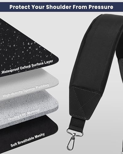 Padded Golf Bag Strap - Adjustable Thick Pad - Full Black With 2 Clips