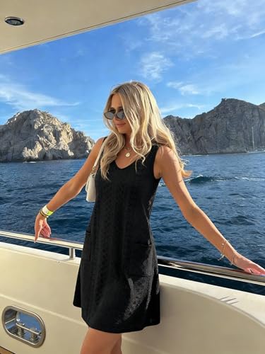 elescat Large Black Summer Women's Eyelet Swimsuit Coverup Dress with Pockets