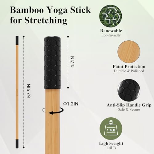 Yoga Stick for Stretching - 5ft Bamboo Exercise Bar with Non-Slip Grip - Natural Bamboo