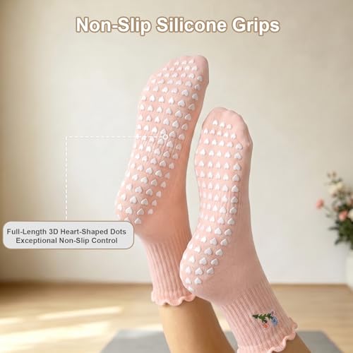 Non-Slip Pilates Grip Socks for Women - 2-Pack White Powder Flower & Pink Flower