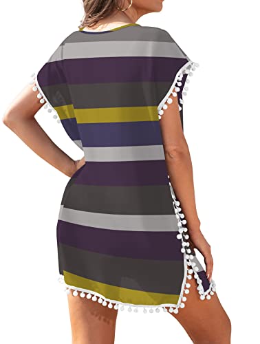 Chiffon Tassel Swimsuit Cover Up - Yellow Purple Striped 1X-2X