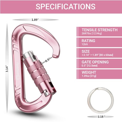 Amzonly Auto Locking Pink 3-Inch Heavy Duty Carabiner Clips 12KN/2697lbs for Camping Hiking Hammocks & Keys