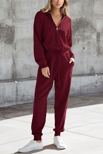 PRETTYGARDEN Women's 2 Piece Sweatsuit Set Fall Outfits Medium Wine Red