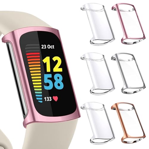 Kimiyaki 6 Pack Flexible TPU Screen Protector & Case Set for Fitbit Charge 6/5 with Colors - Clear, Rose Gold, Pink, Silver